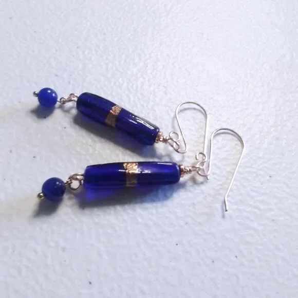 Deep Blue Slim Dangle Earrings - Sleek Trendy Versatile - Day or Night Wear - Picture 6 of 10